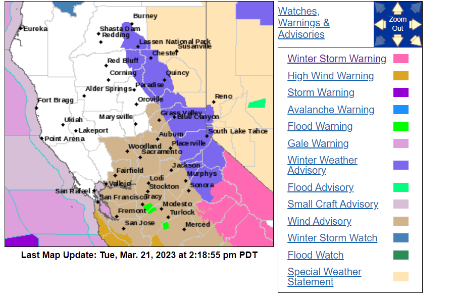 Map showing watches, warnings, and advisories.