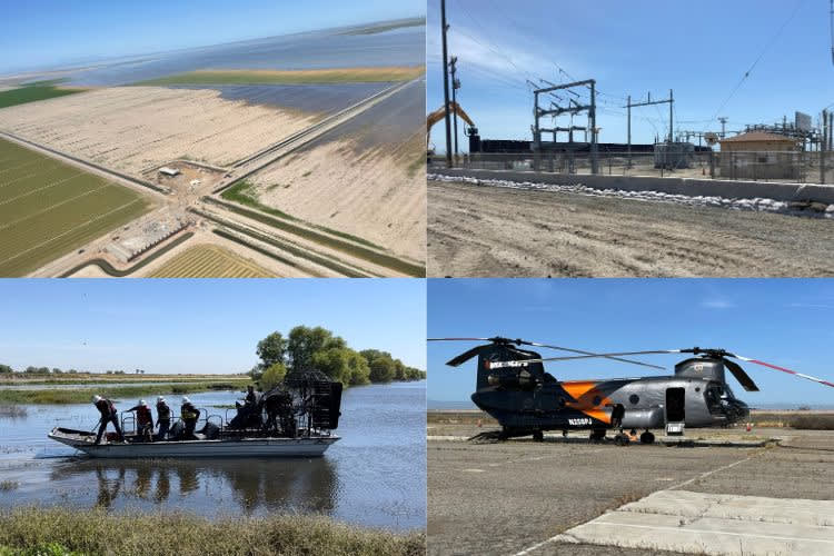 Tulare Lake flooding, PG&E infrastructure, a swamp-style air boat, and a Chinook helicopter.