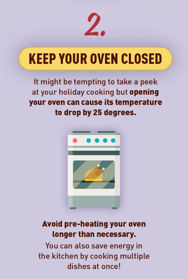 Graphic of turkey in oven. Text: 2. KEEP YOUR OVEN CLOSED It might be tempting to take a peek at your holiday cooking but opening your oven can cause its temperature to drop by 25 degrees.  Avoid pre-heating your oven longer than necessary. You can also save energy in the kitchen by cooking multiple dishes at once!