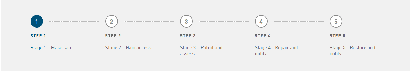 STEP 1 Make safe, STEP 2 Gain access, STEP 3 Patrol and assess, STEP 4 Repair and notify, and STEP 5 Restore and notify.