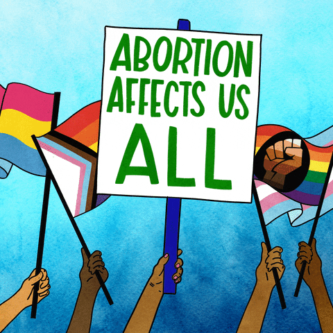 This is a picture of people waving various LGBTQ+ flags and a sign that says "Abortion Affects Us All"