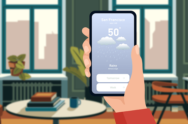 A phone screen with the temperature in San Francisco, it is 50 degrees and rainy.