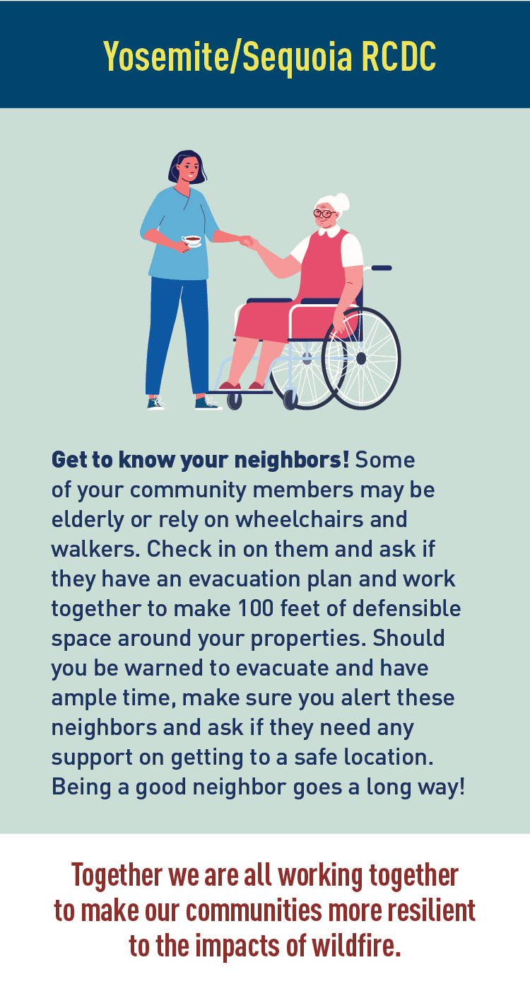 Graphic of a senior woman in a wheelchair being helped by a neighbor  Description: Get to know your neighbors! Some of your community members may be elderly or rely on wheelchairs and walkers. Check in on them and ask if they have an evacuation plan and work together to make 100 feet of defensible space around your properties. Should you be warned to evacuate and have ample time, make sure you alert these neighbors and ask if they need any support on getting to a safe location. Being a good neighbor goes a long way!  Together we are all working together to make our communities more resilient to the impacts of wildfire.