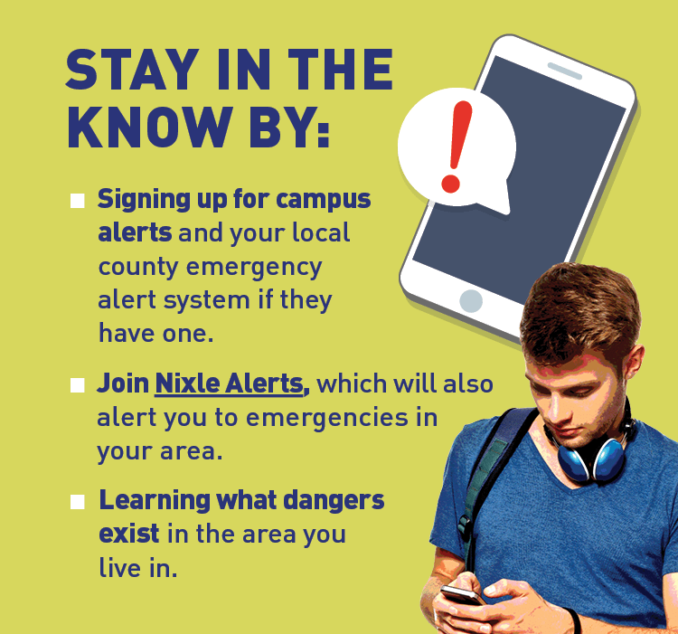Graphic of college student using phone. Text: STAY IN THE KNOW BY: Signing up for campus alerts and your local county emergency alert system if they have one. Join Nixle Alerts, which will also alert you to emergencies in your area. Learning what dangers exist in the area you live in.