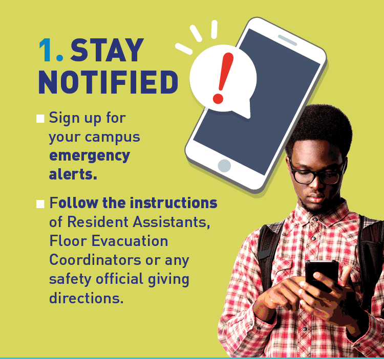 Graphic of student using a phone and recieving an emergency notification. Description:  1. STAY NOTIFIED Sign up for your campus emergency alerts. Follow the instructions of Resident Assistants, Floor Evacuation Coordinators or any safety official giving directions.