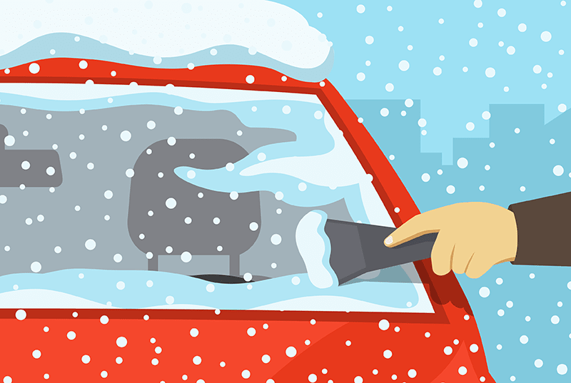 Graphic of a hand using a wiper to clear snow off their front car window.