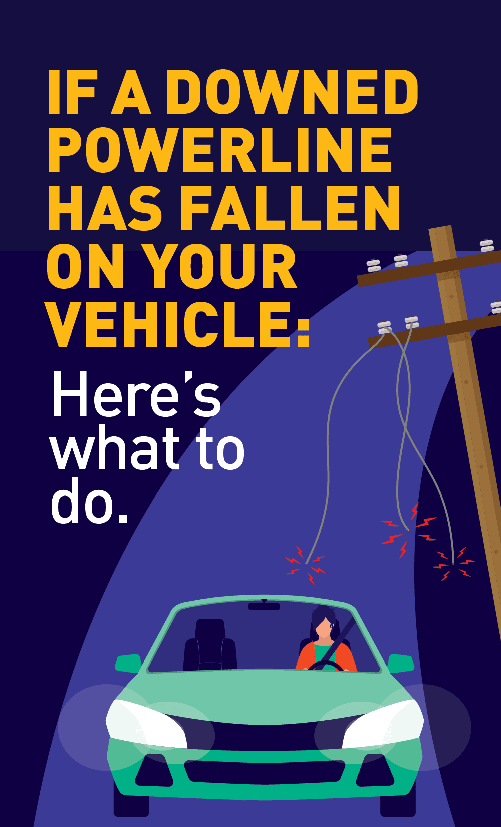 Graphic of a person driving car and a powerline above them.