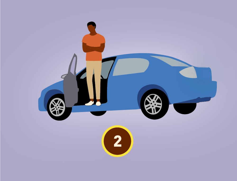 Graphic of a person standing at the edge of their car with their arms crossed.