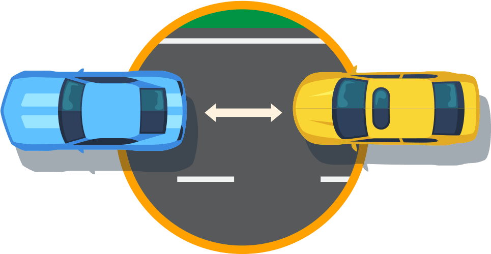 Graphic of a blue car being followed by a yellow car.