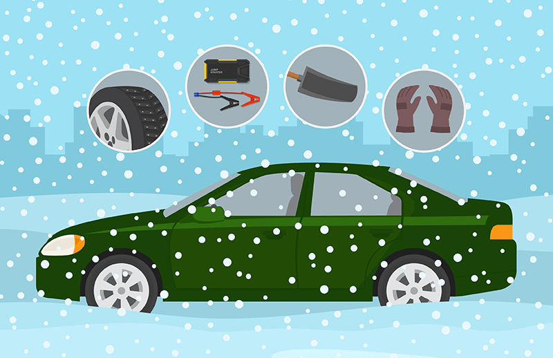 Graphic of a car in snow. Above it are bubbles with different items to have in the event of an emergency.