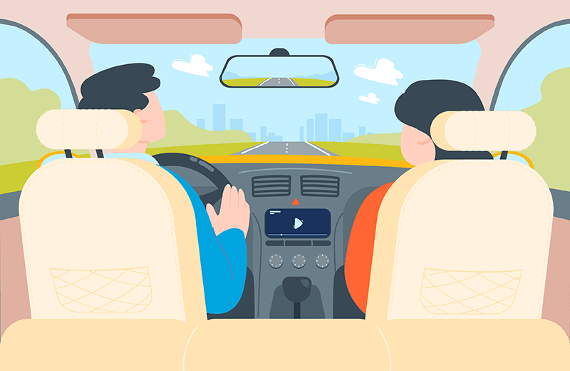 Graphic of a couple driving down a road.