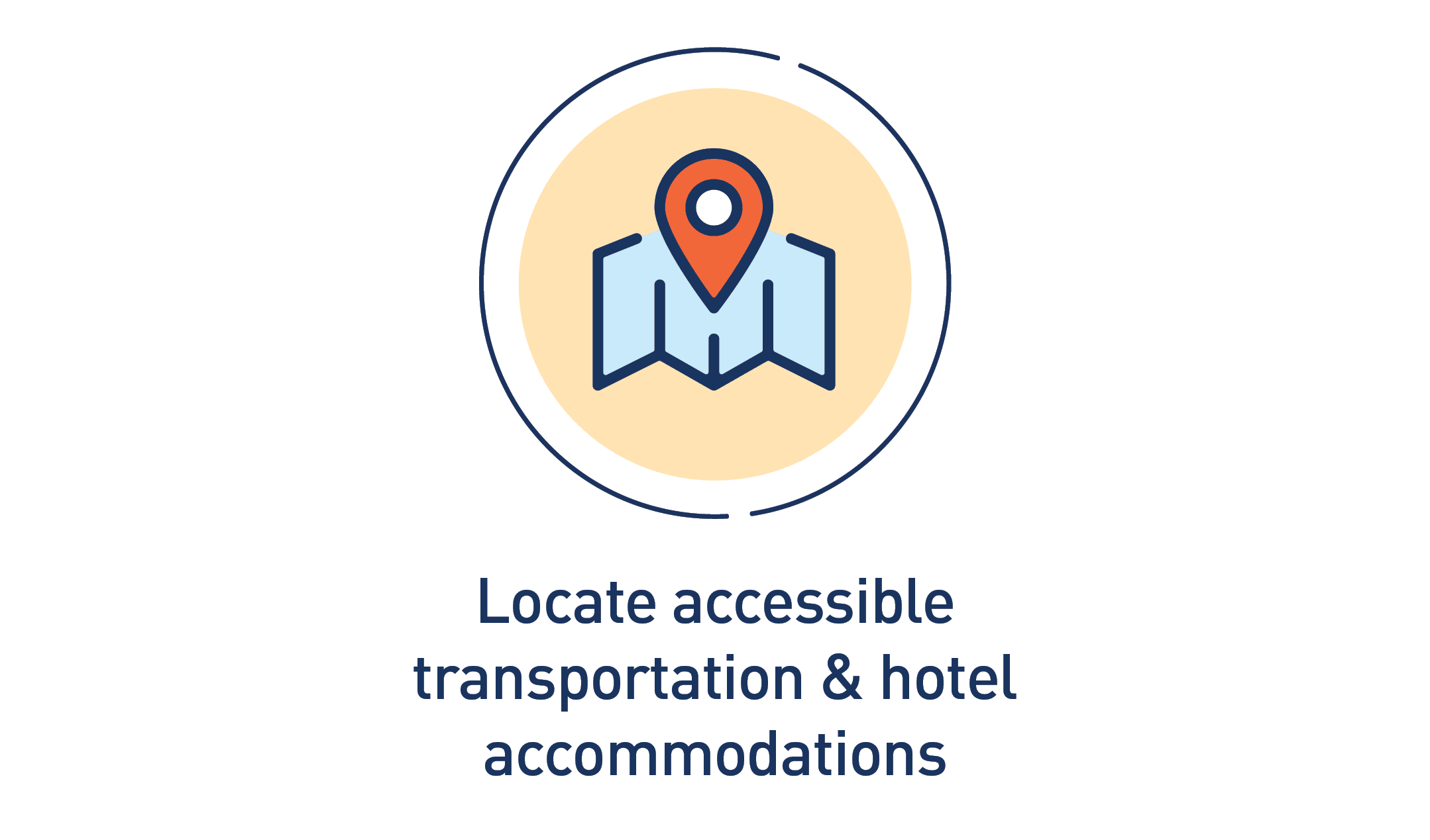 Graphic of a map. Text: Locate accessible transportation & hotel accommodations