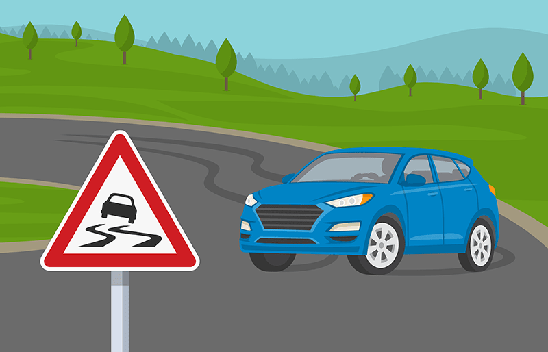 Graphic of a car skidding on a road.