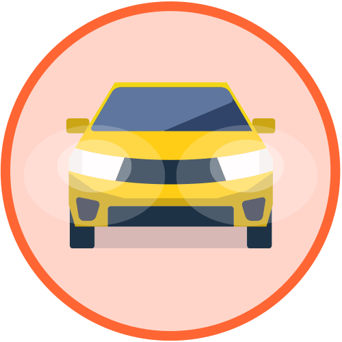 Graphic of a yellow car with its lights on.