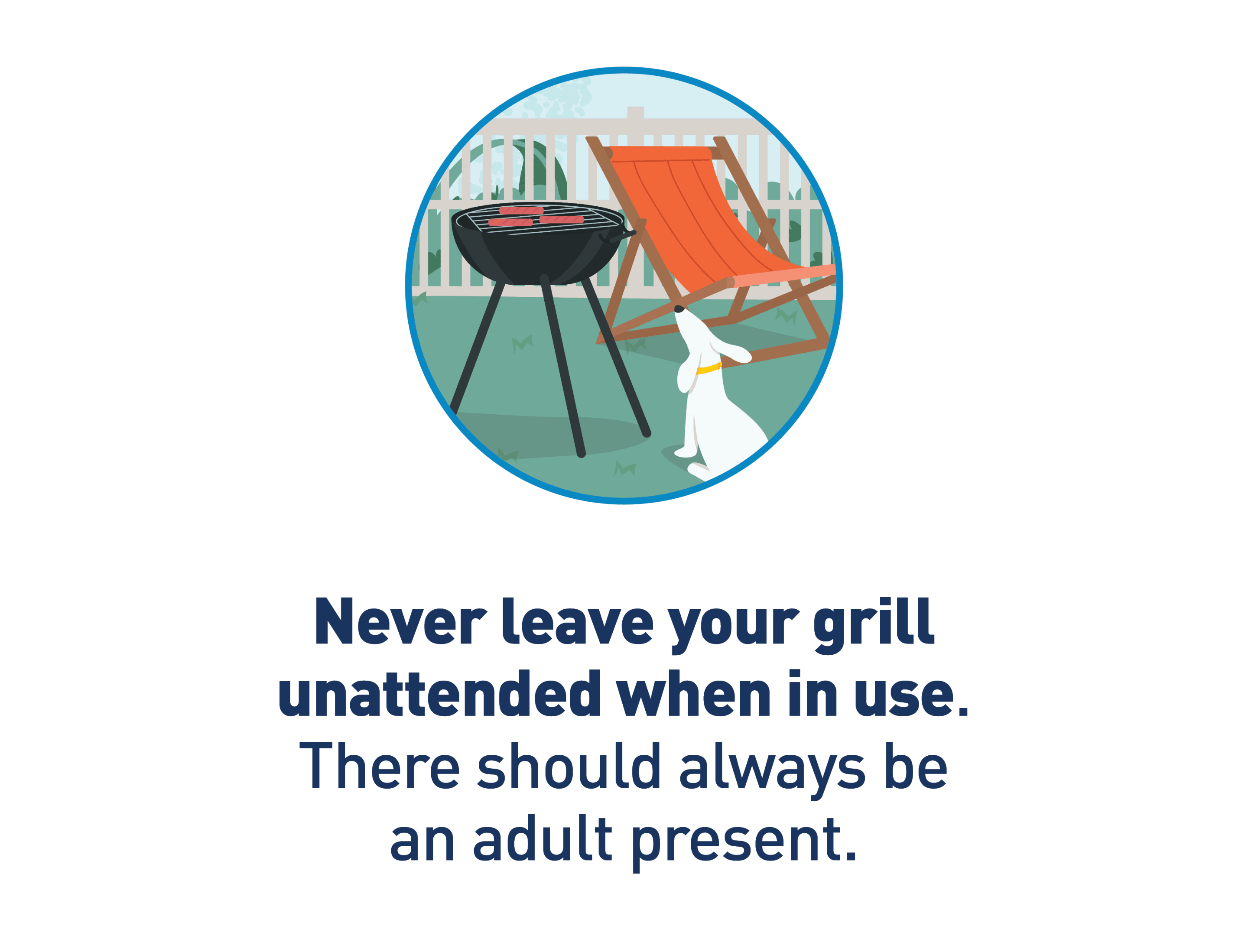 Image Description: Graphic of unattended barbecue. Text: Never leave your grill unattended when in use. There should always be an adult present.