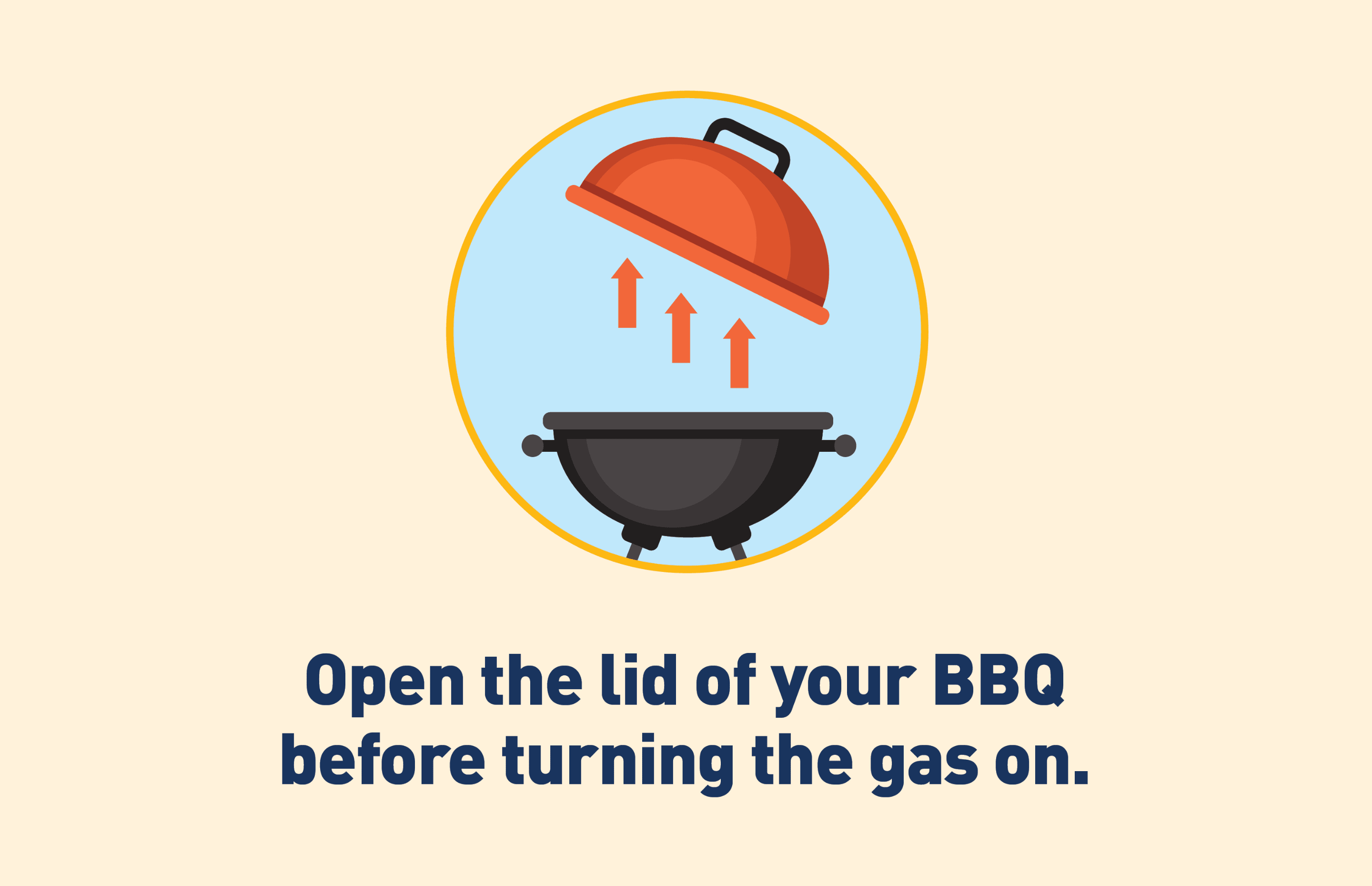 Image Description: Graphic of barbecue with open lid. Text: Open the lid of your BBQ before turning the gas on.