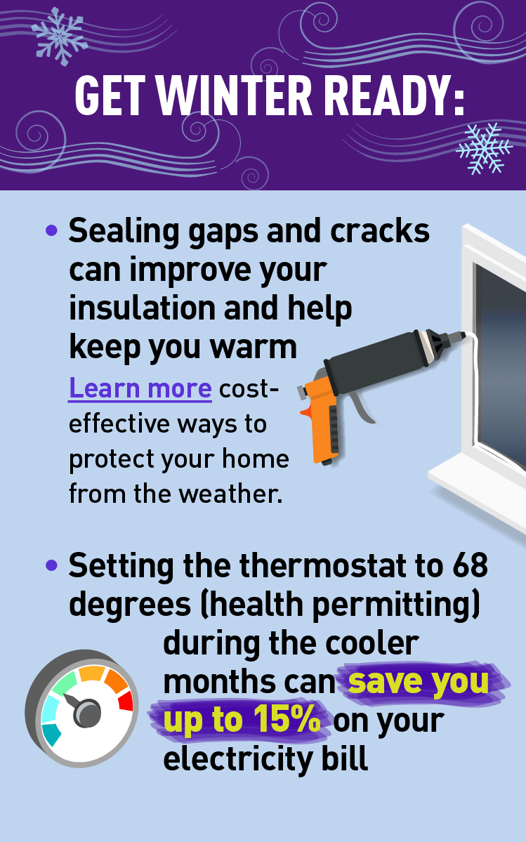 Graphic of caulking gun and graphic of thermostat. Description: 
GET WINTER READY:
• Sealing gaps and cracks can improve your insulation and help keep you warm

Learn more cost-effective ways to protect your home from the weather.

• Setting the thermostat to 68 degrees (health permitting) during the cooler months can save you up to 15% on your electricity bill