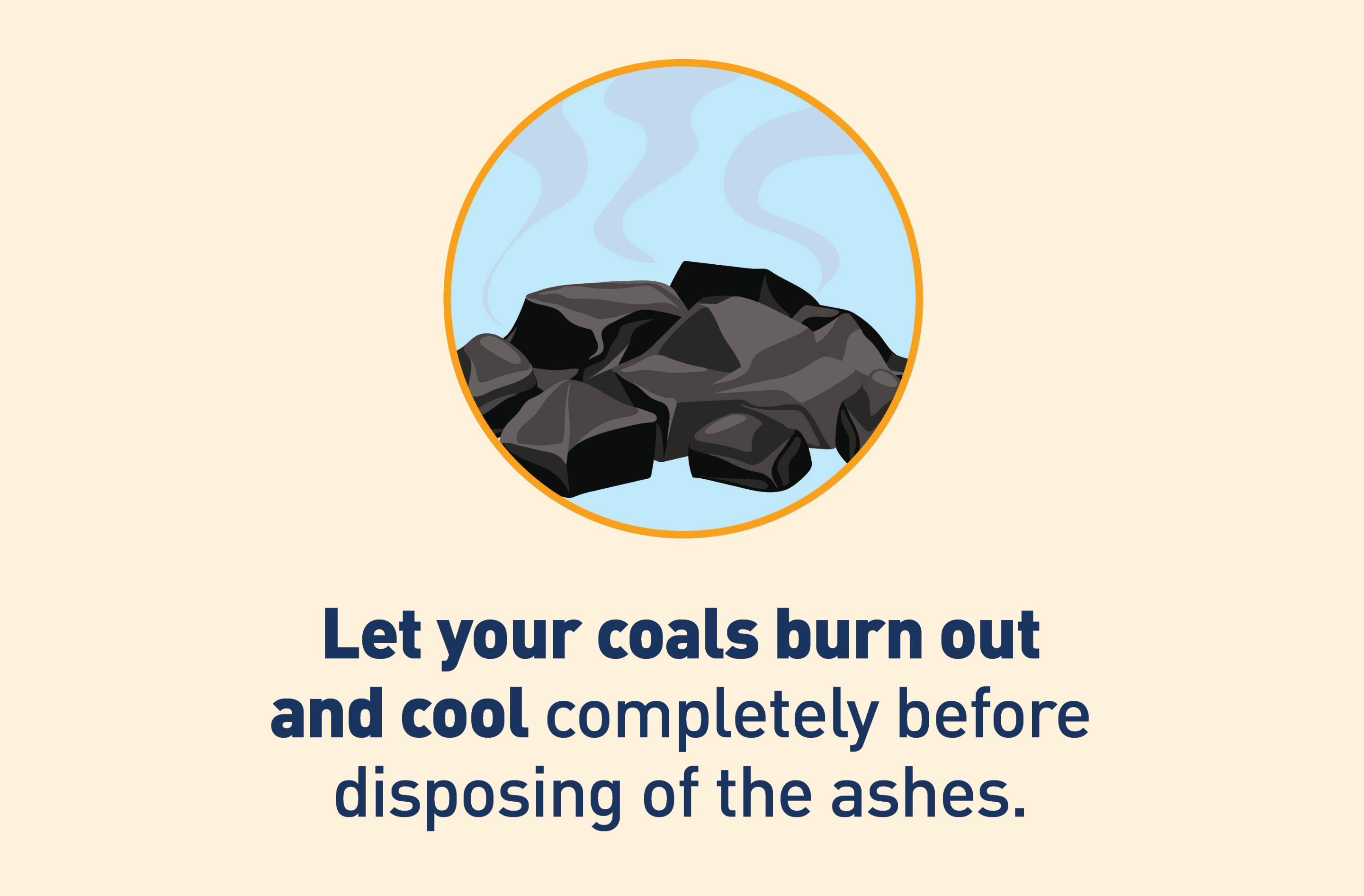 Graphic of hot coals. Text: Let your coals burn out and cool completely before disposing of the ashes.