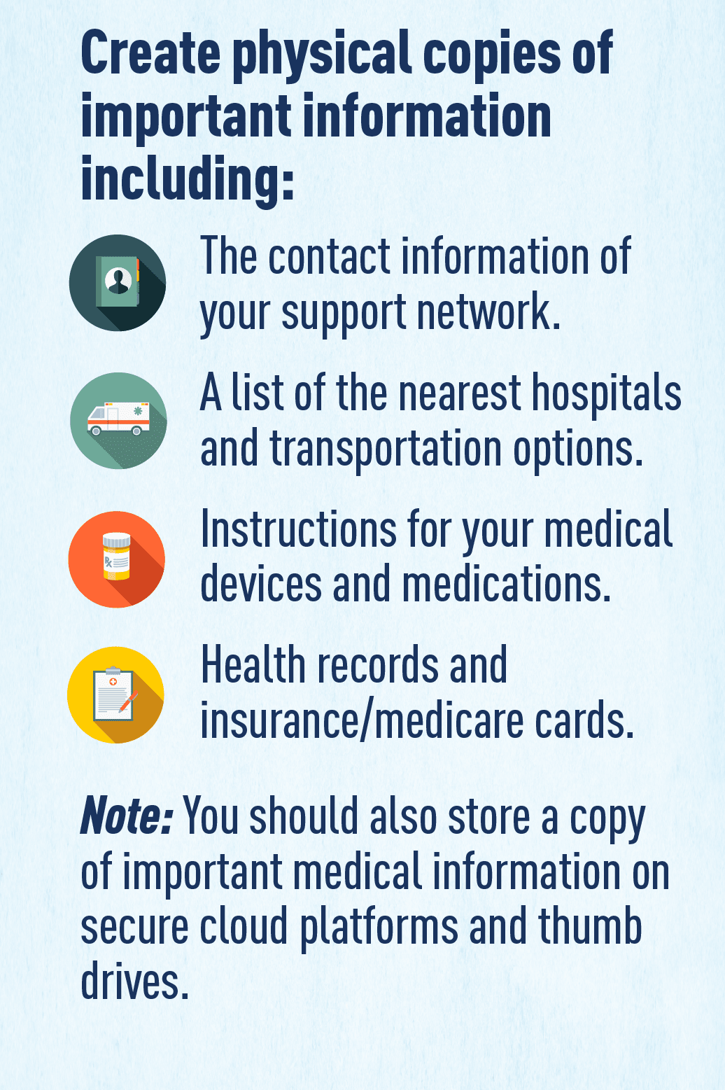 Images: Graphic of contact book, ambulance, medicine jar, and medical files. Text: Create physical copies of important information including: The contact information of your support network. A list of the nearest hospitals and transportation options. Instructions for your medical devices and medications. Health records and insurance/medicare cards. Note: You should also store a copy of important medical information on secure cloud platforms and thumb drives.