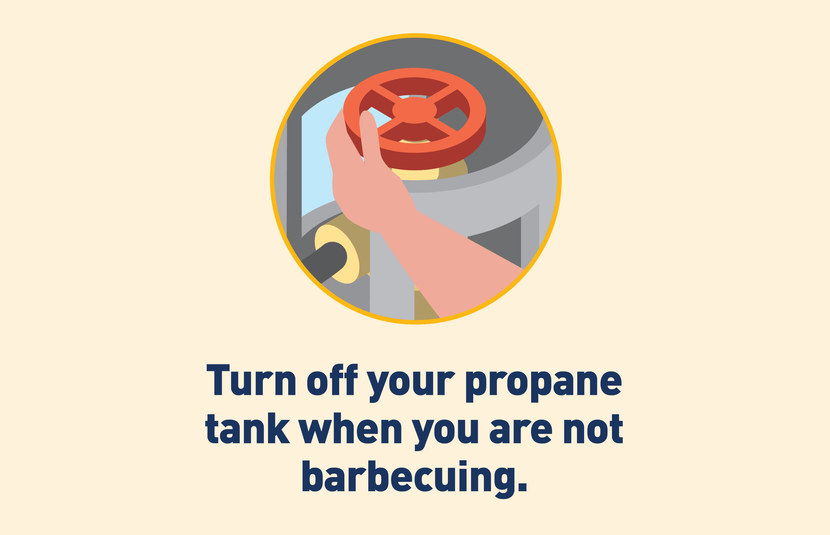 Image Description: Graphic of hand turning propane tank valve. Text: ​​Turn off your propane tank when you are not barbecuing.