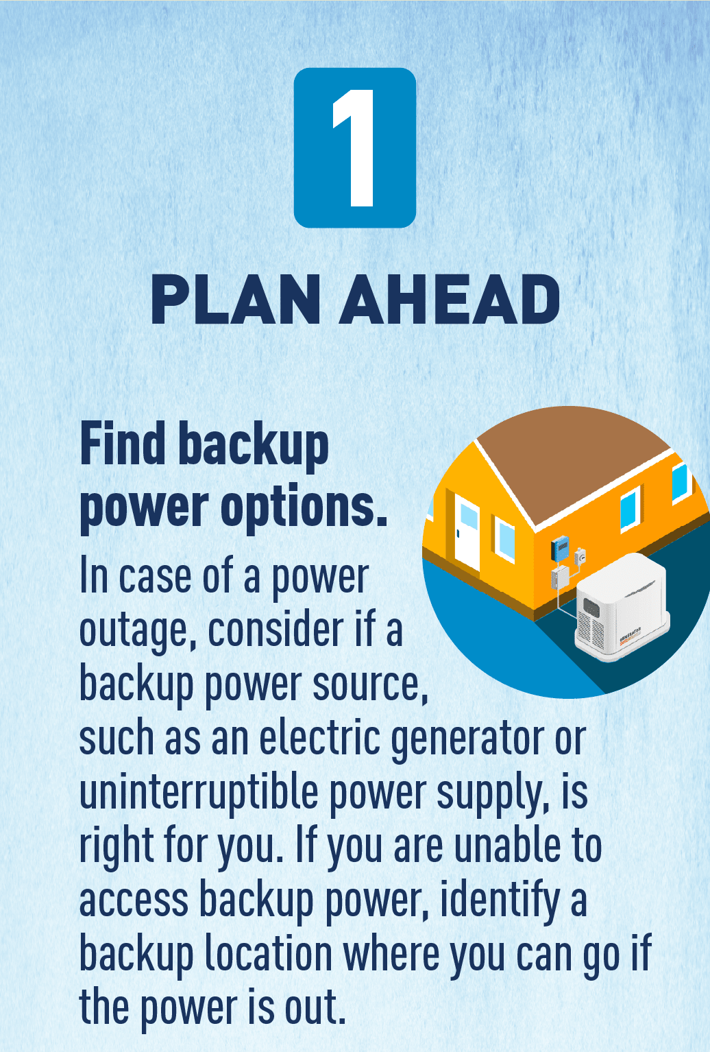 Image: House with back-up power. Text: PLAN AHEAD Find backup power options. In case of a power outage, consider if a backup power source, such as an electric generator or uninterruptible power supply, is right for you. If you are unable to access backup power, identify a backup location where you can go if the power is out.