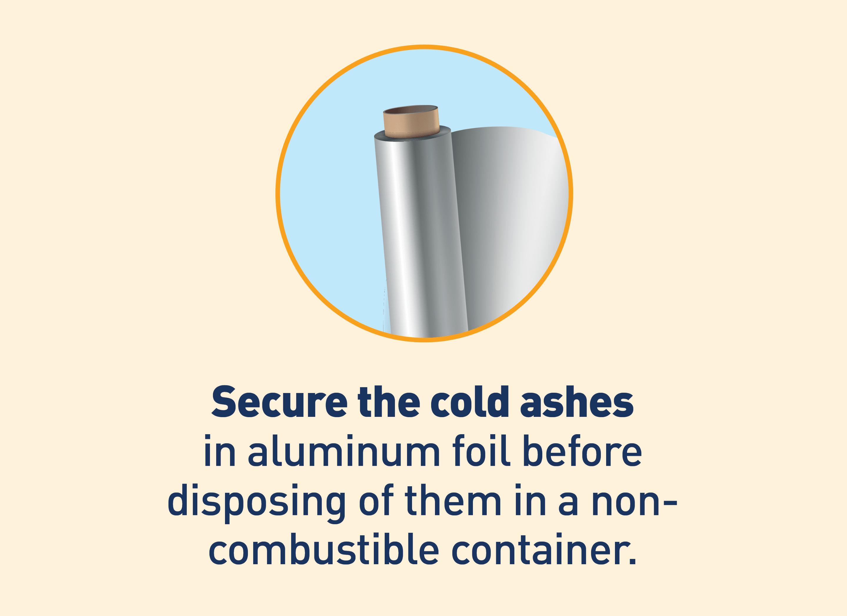 Graphic of aluminum foil. Text: Secure the cold ashes in aluminum foil before disposing of them in a non-combustible container.