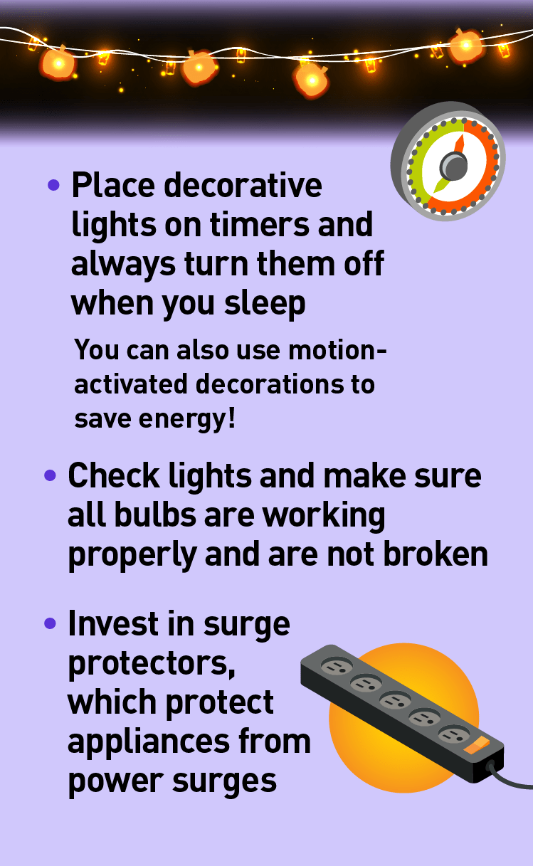 Graphic of timer and graphic of power strip. Description: • Place decorative lights on timers and always turn them off when you sleepYou can also use motion-activated decorations to save energy!• Check lights and make sure all bulbs are working properly and are not broken• Invest in surge protectors, which protect appliances from power surges