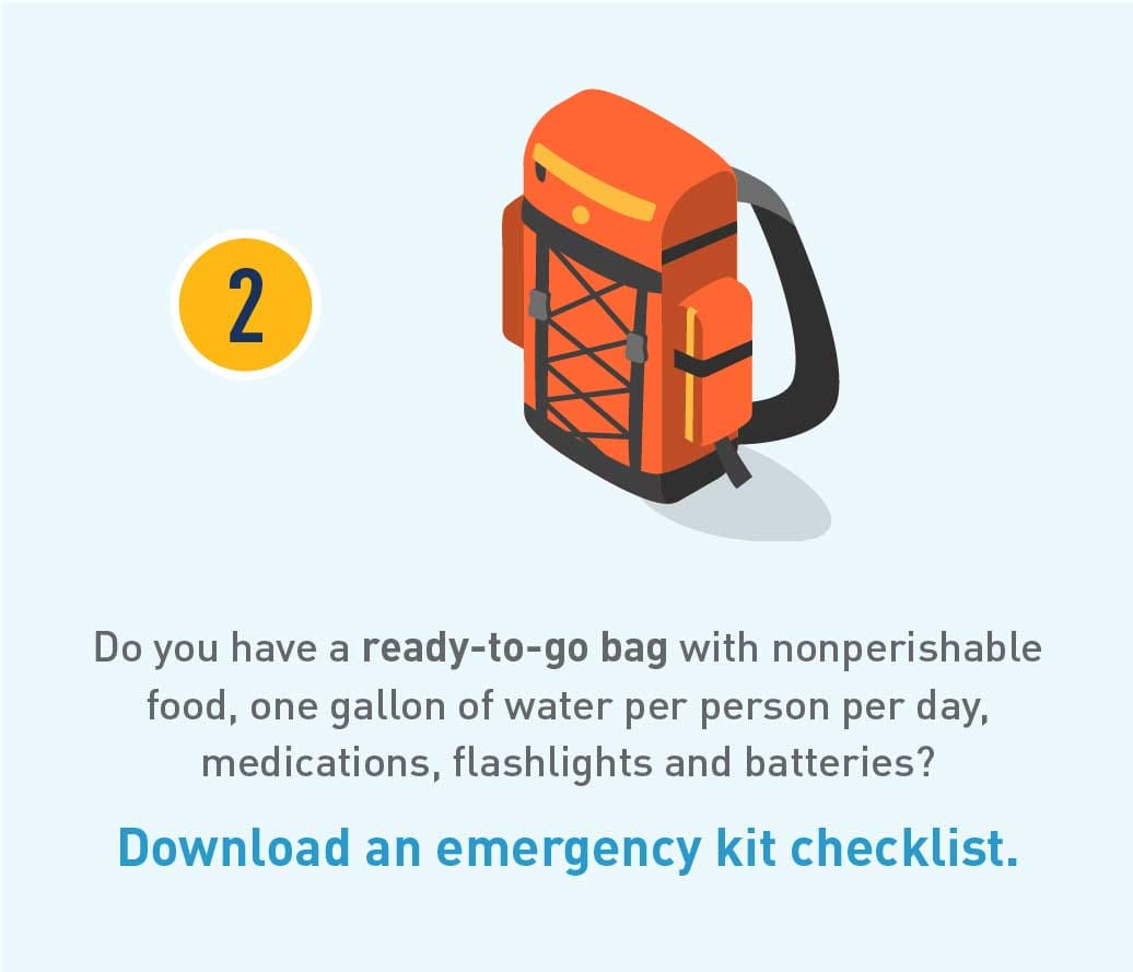 Do you have a ready-to-go bag with nonperishable food, one gallon of water per person per day, medications, flashlights, and batteries? Download an emergency kit checklist.