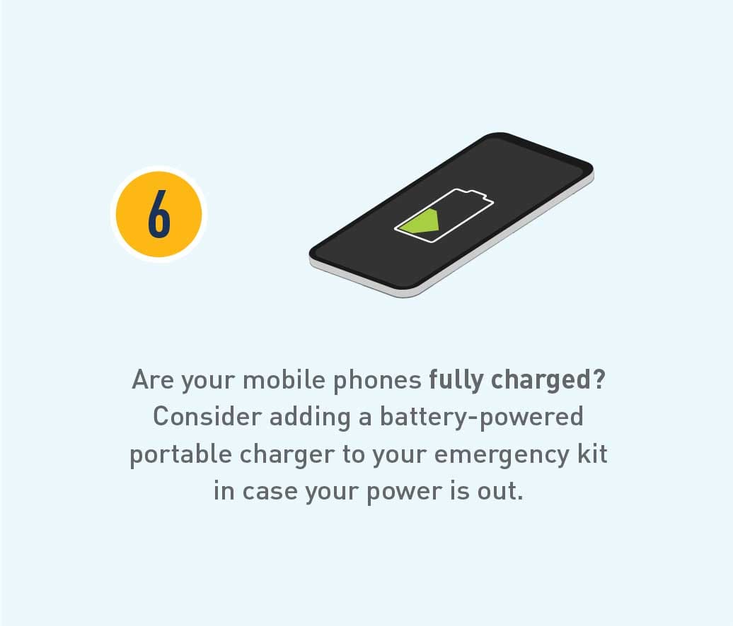 Graphic of a phone charging. Text: Are your mobile phones fully charged? Consider adding a battery-powered portable charger to your emergency kit in case your power is out. 