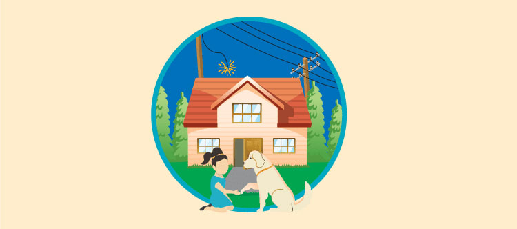 Graphics of a lightning bolt and house with child and dog