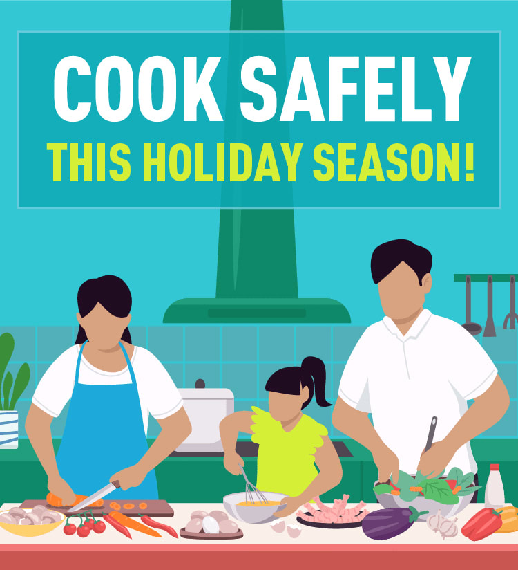 Family cooking meal with text Cook Safely This Holiday Season