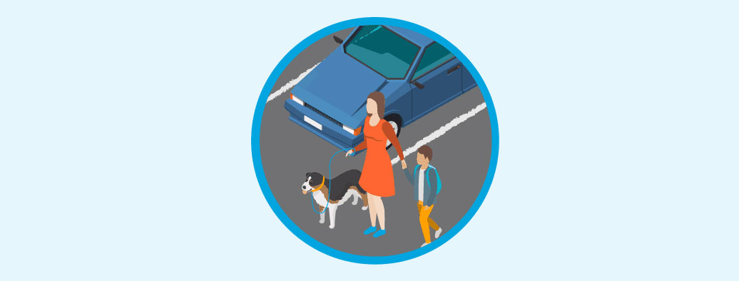 Woman, child, and dog outside a vehicle