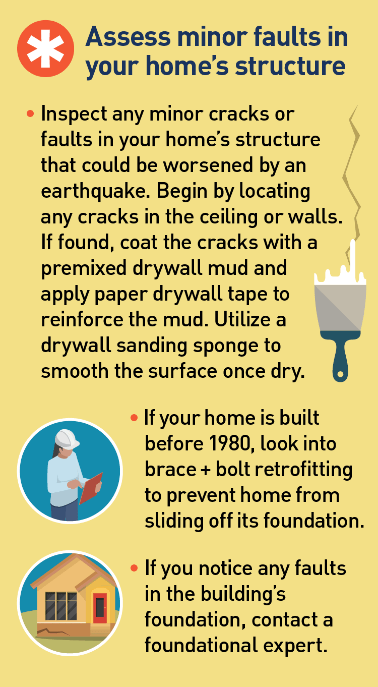 Picture of a large crack with instructions on how to repair cracks in the foundation and which buildings in California need retrofitting