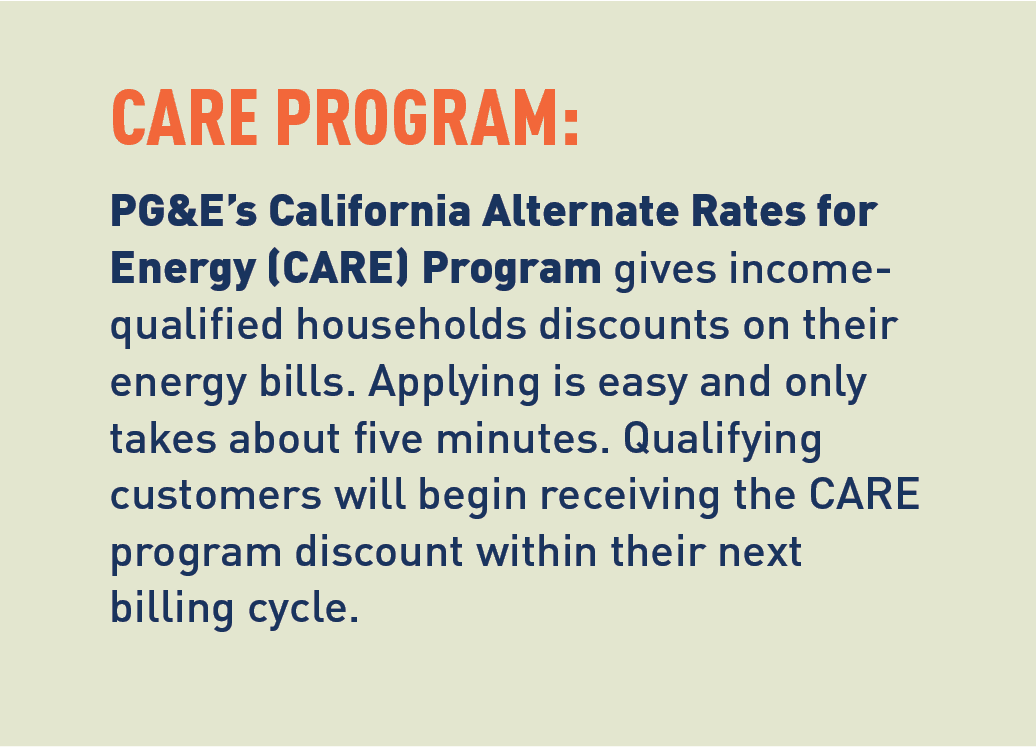 Care Program: PG&E’s California Alternate Rates for Energy (CARE) Program gives income- qualified households discounts on their energy bills. Applying is easy and only takes about five minutes. Qualifying customers will begin receiving the CARE program discount within their next billing cycle. Apply here.