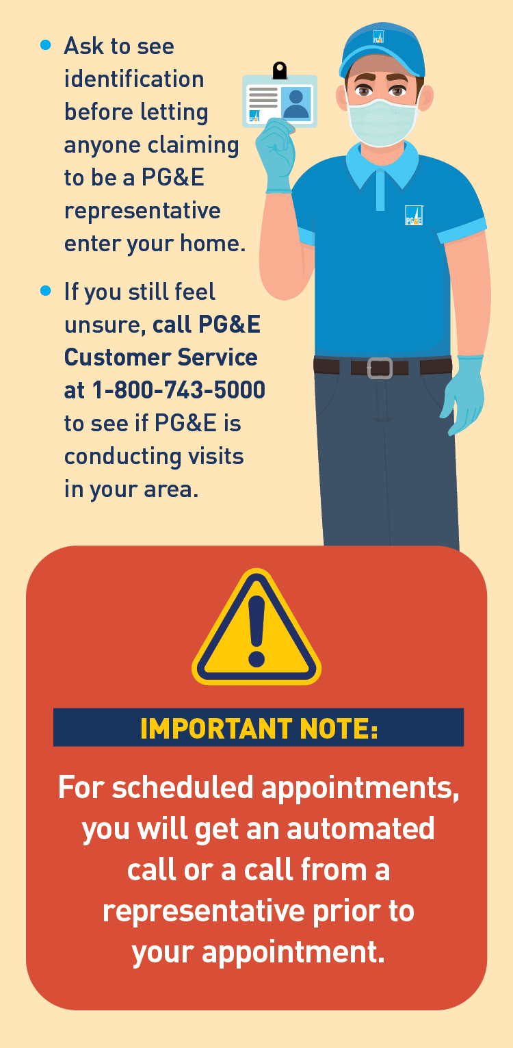 Graphics of a PG&E worker holding up their identification and a graphic of a hazard sign.