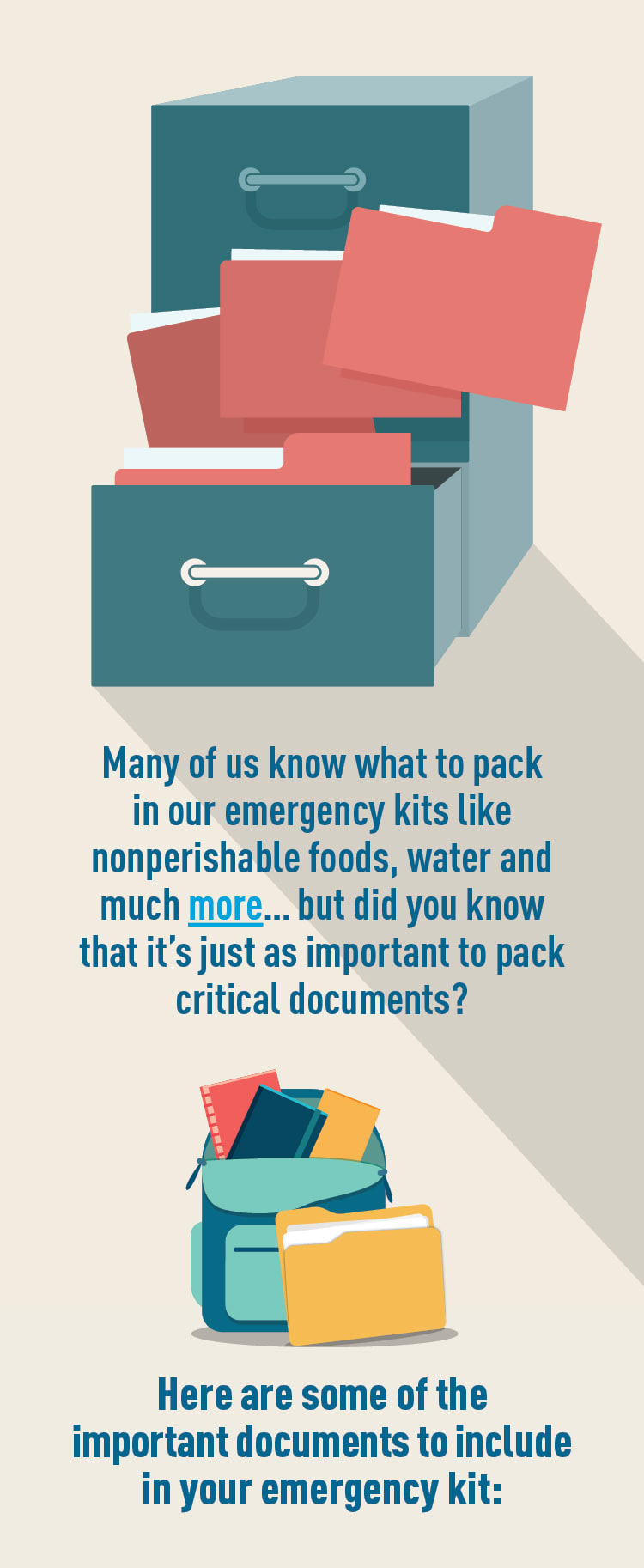 Graphic of a file cabinet. Text: Many of us know what to pack in our emergency kits like nonperishable foods, water and much more... but did you know that it's just as important to pack critical documents?