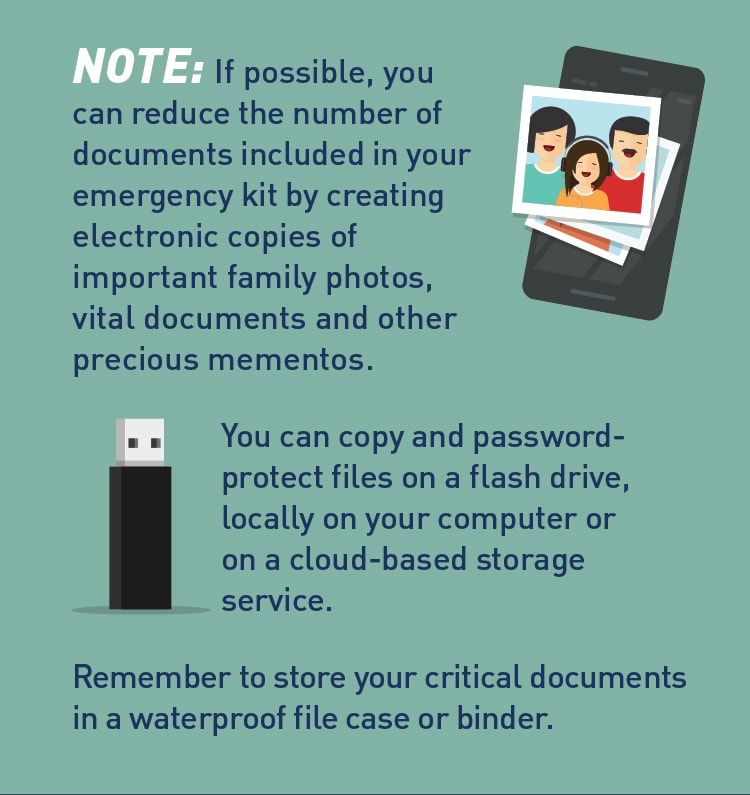 Graphic of a family photo, phone and thumbdrive. Text: Note: If possible, you can reduce the number of documents included in your emergency kit by creating electronic copies of important family photos, vital documents and other precious mementos. You can copy and password-protect files on a flash drive, locally on your computer or on a cloud-based storage service. Remember to store your critical documents in a waterproof file case or binder.