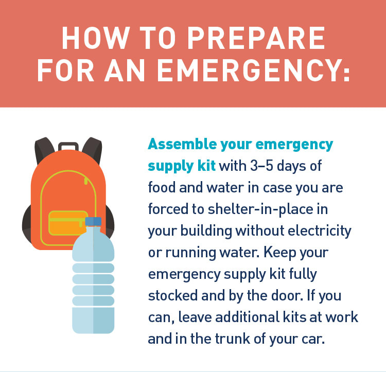 Graphic of an emergency kit and a water bottle.
