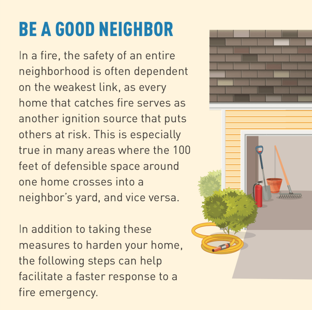 Be a good neighbor.     In a fire, the safety of an entire neighborhood is often dependent on the weakest link, as every home that catches fire serves as another ignition source that puts others at risk. This is especially true in many areas where the 100 feet of defensible space around one home crosses into a neighbor’s yard, and vice versa.      In addition to taking these measures to harden your home, the following steps can help facilitate a faster response to a fire emergency.