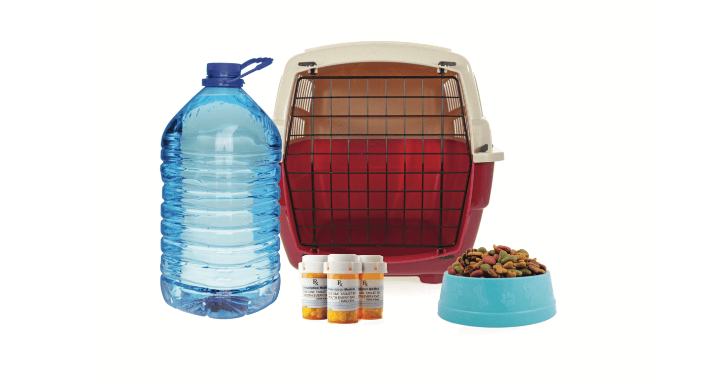 Image of pet emergency kit items including water, medication, food, and crate