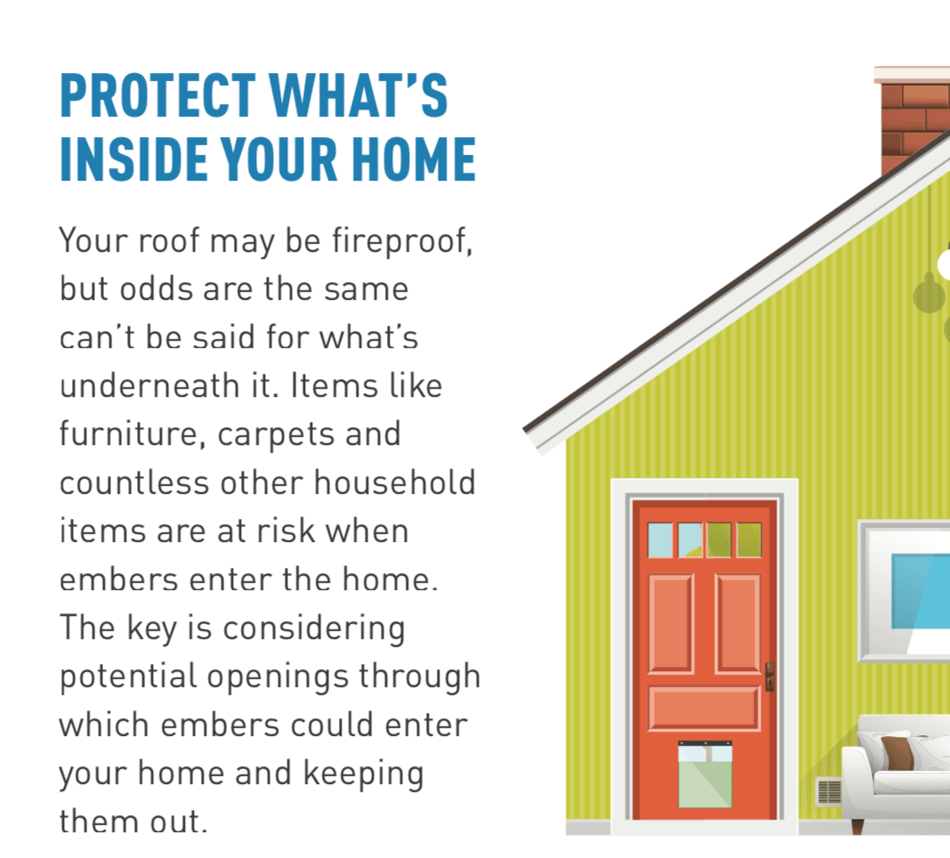 Protect what’s inside your home.     Your roof may be fireproof, but odds are the same can’t be said for what’s underneath it. Items like furniture, carpets and countless other household items are at risk when embers enter the home. The key is considering potential openings through which embers could enter your home and keeping them out.