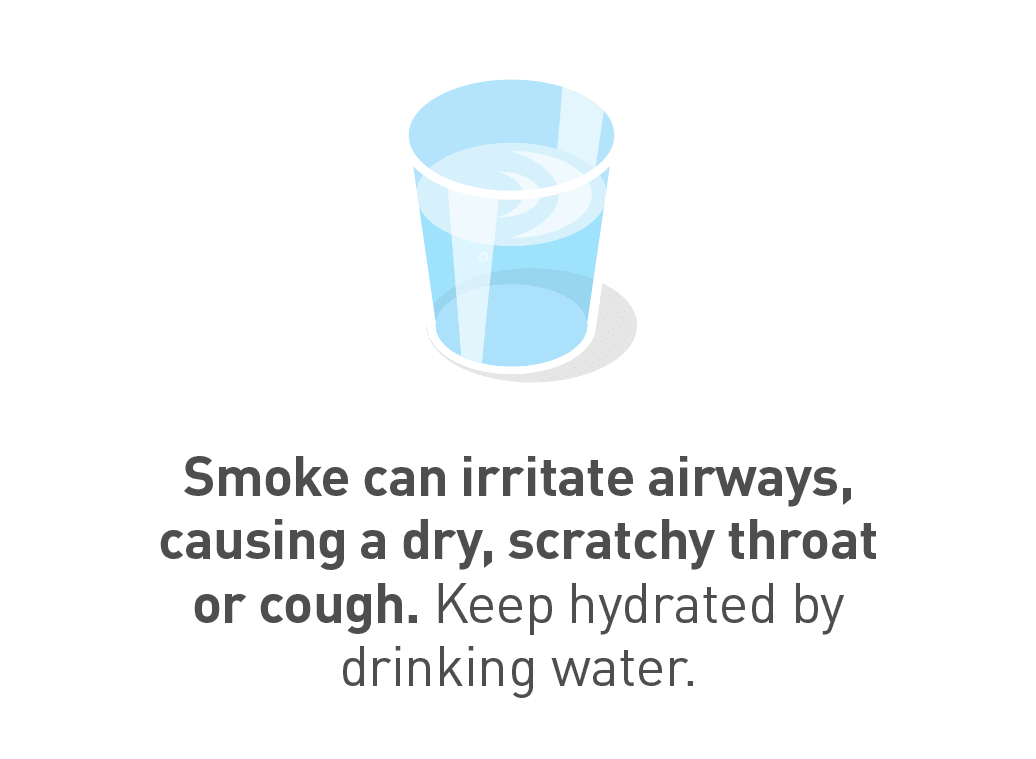 Smoke can irritate airways, causing a dry, scratchy throat or cough. Keep hydrated by drinking water.