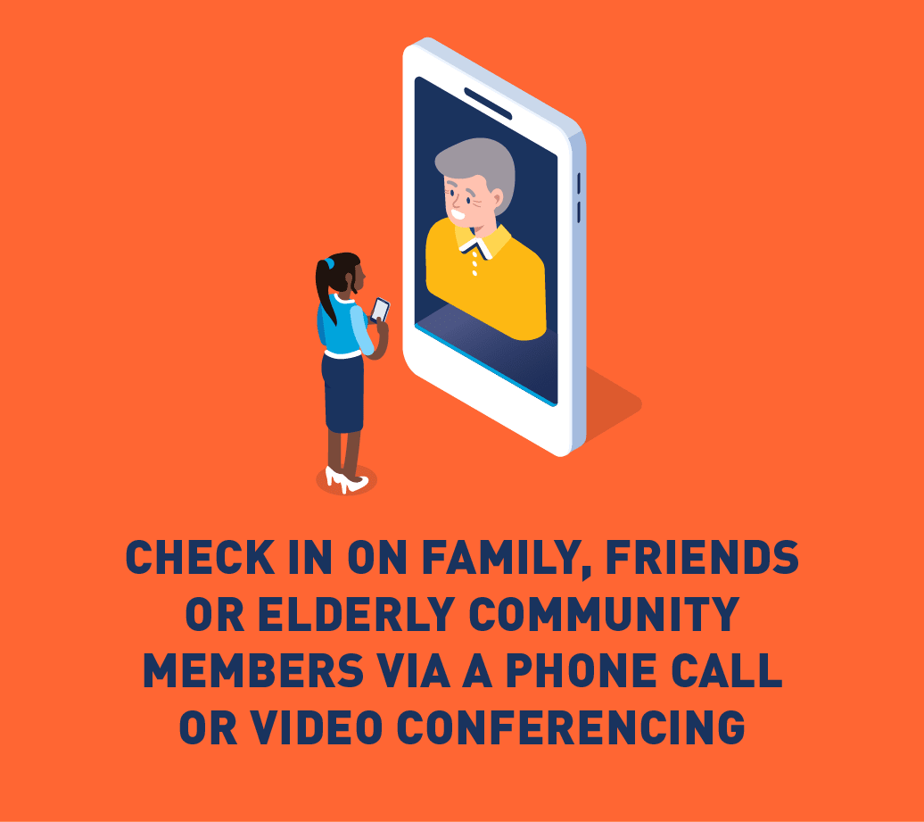 Graphic of person video chatting with older adult. 