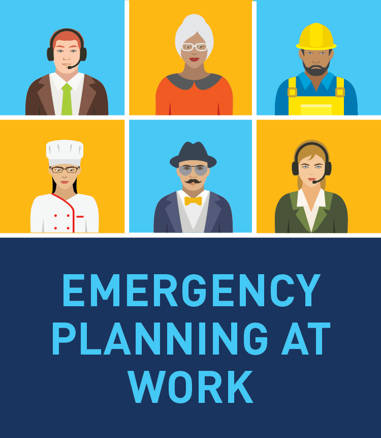Graphic of six different types of workers. Description: EMERGENCY PLANNING AT WORK.