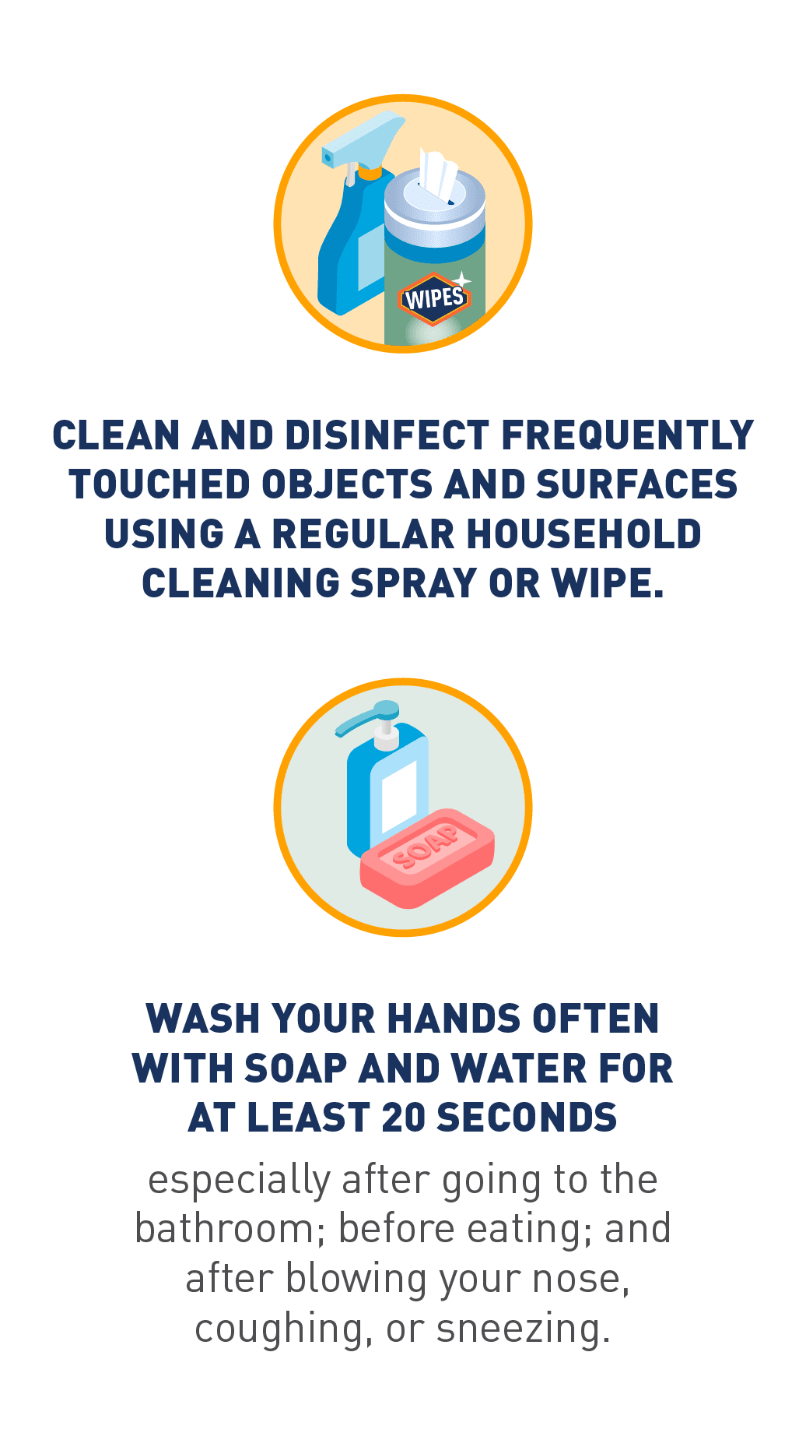 Graphic of clorox wipes and cleaning spray, and graphic of soap and hand sanitizer