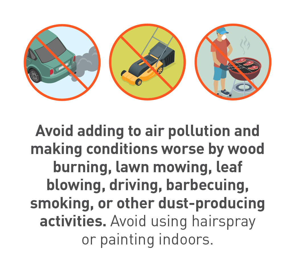 Avoid adding to air pollution and making conditions worse by wood burning, lawn mowing, leaf blowing, driving, barbecuing, smoking, or other dust-producing activities. Avoid using hairspray and painting indoors.