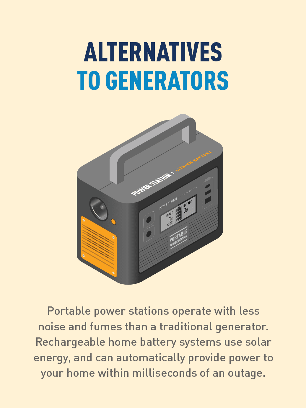 ALTERNATIVES TO GENERATORS     Portable power stations operate with less noise and fumes than a traditional generator. Rechargeable home battery systems use solar energy, and can automatically provide power to your home within milliseconds of an outage.