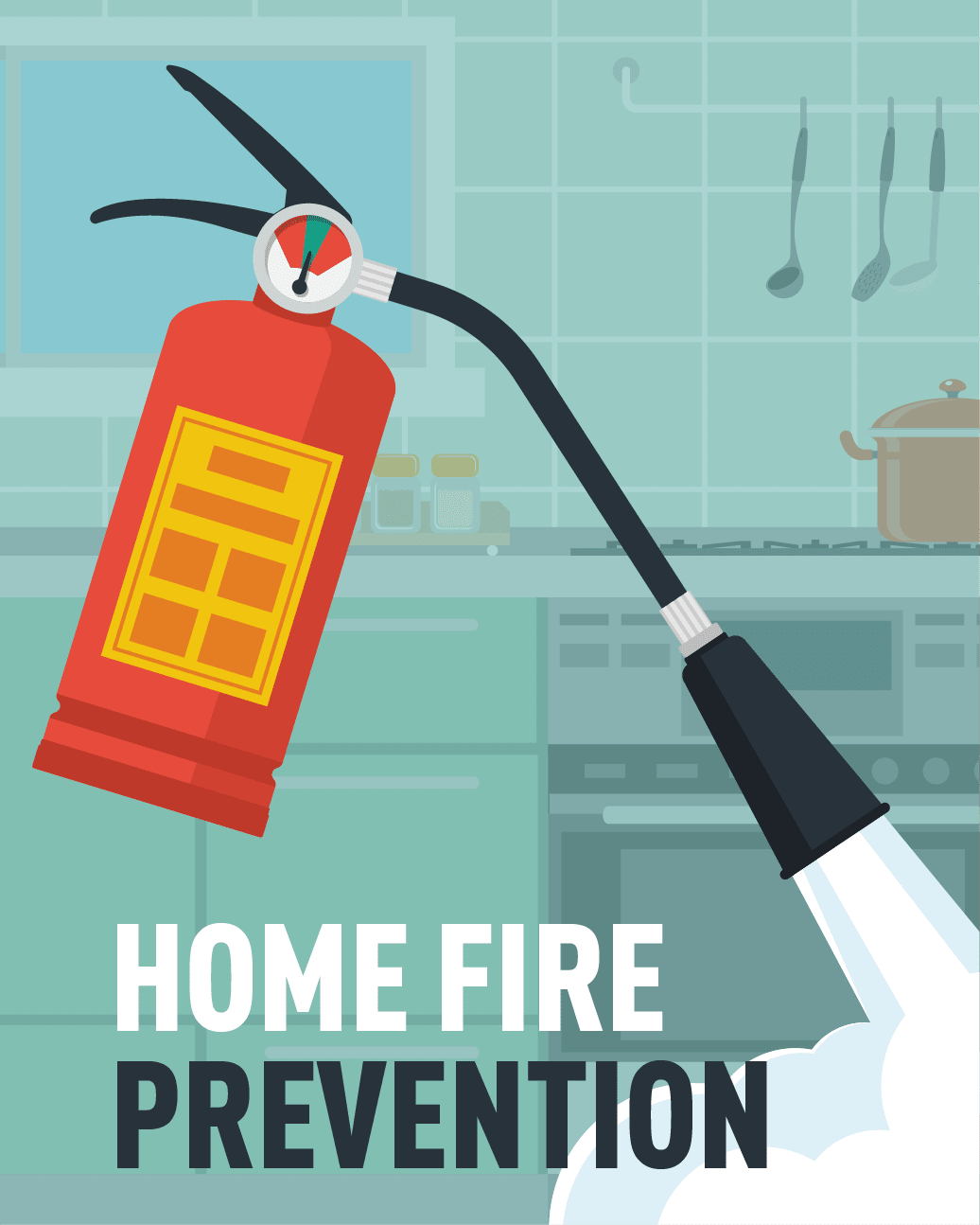 Graphic of fire extinguisher. Description:HOME FIRE PREVENTION