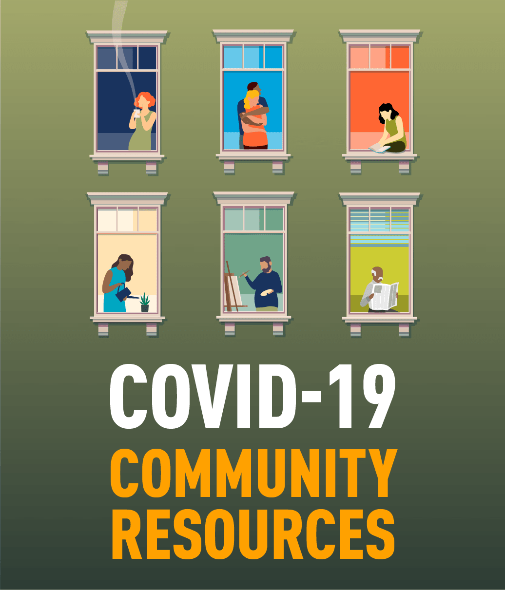 Graphic of apartment building and people in 6 different windows. 