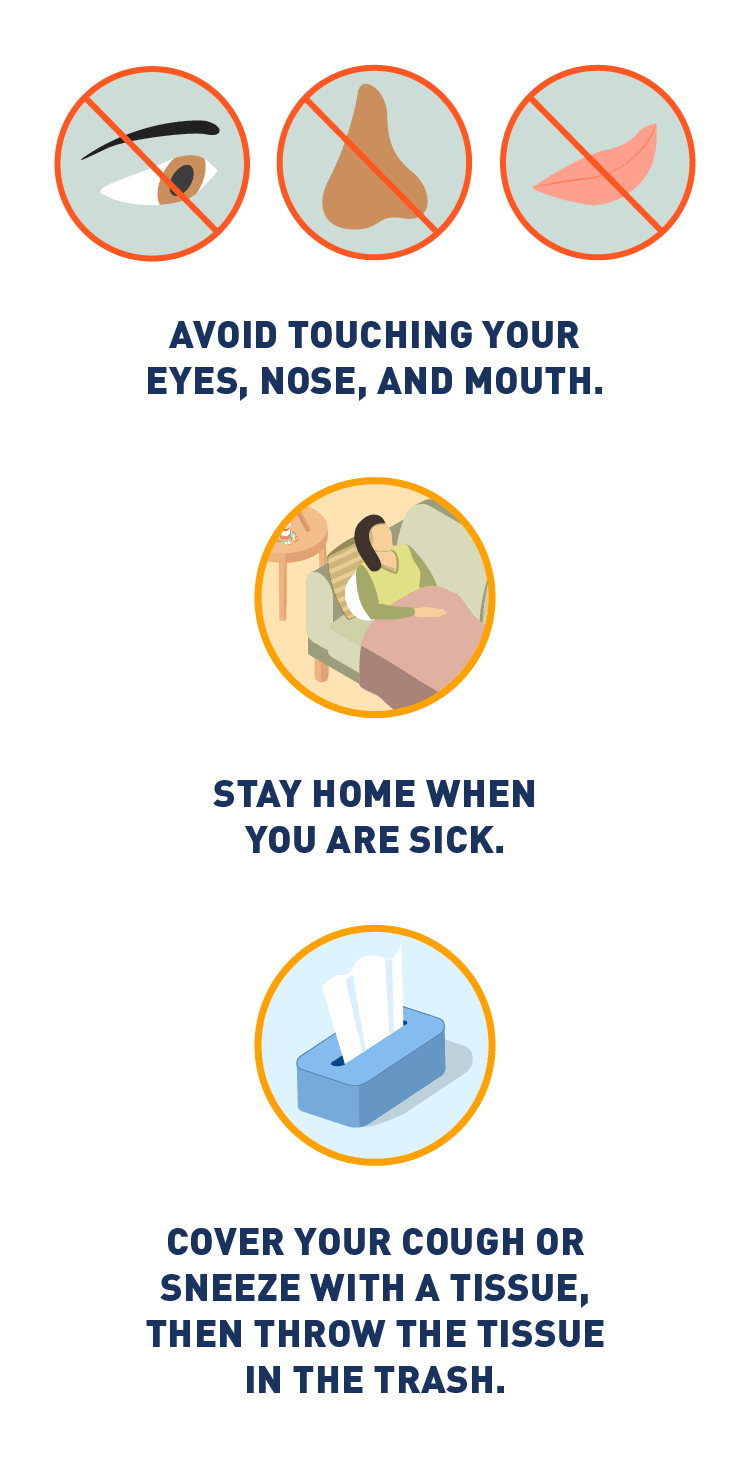 Graphic of eye, nose and mouth + woman in sick on couch and box of tissues